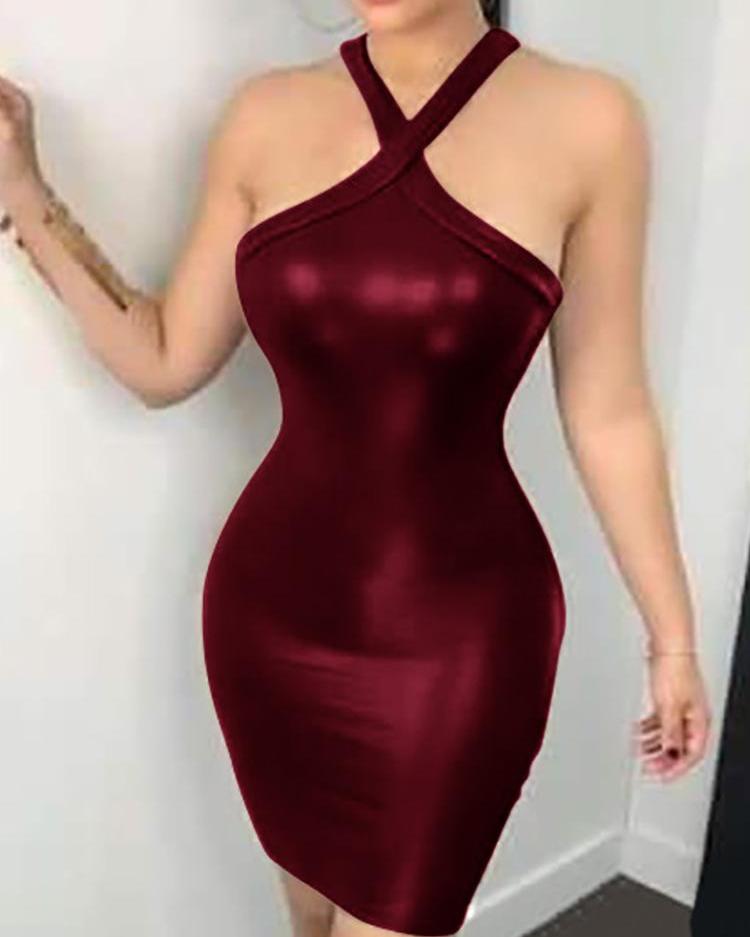 

Halter Backless Skinny PU Dress, Red