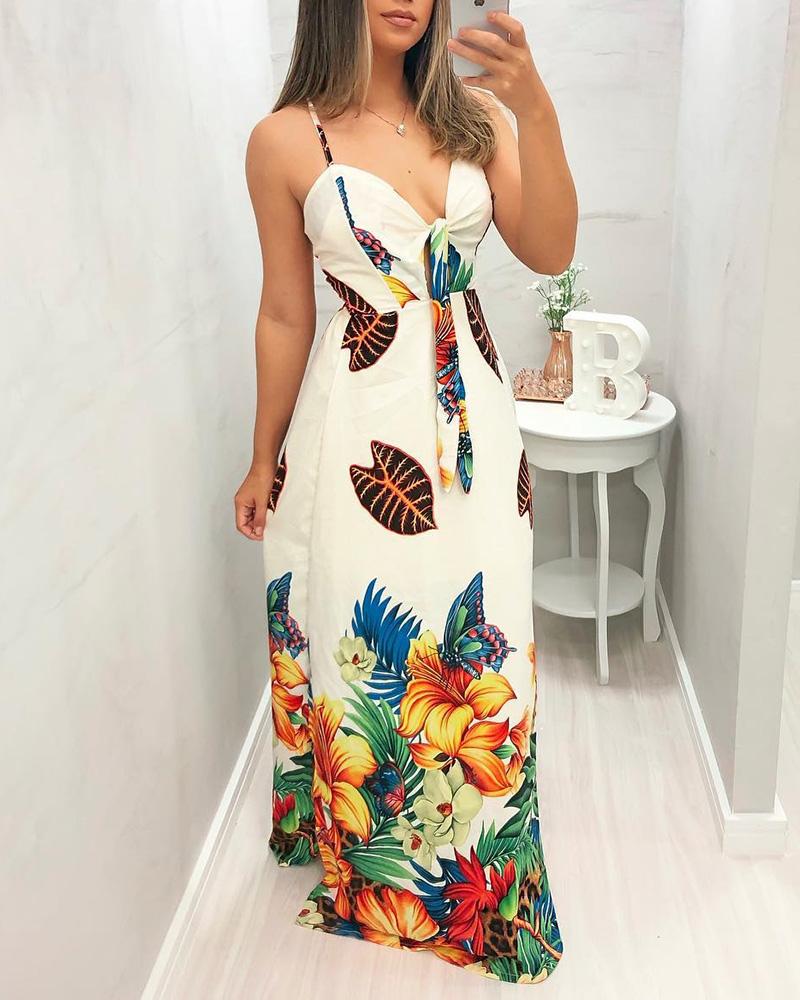 

Butterfly & Floral Print Tied Front Maxi Dress, Beige