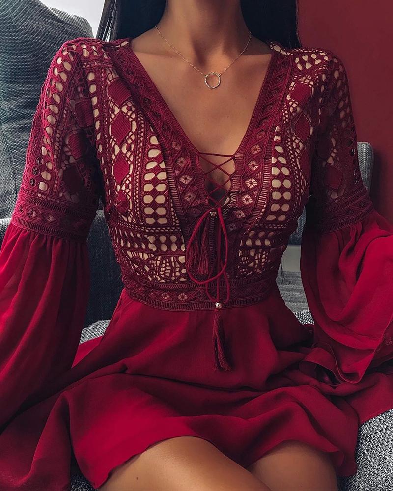

Lace-Up Front Lace Trim Mini Dress, Wine red