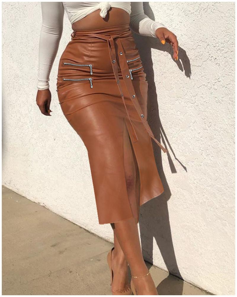 

PU Leather Zipper Design Midi Skirt, Khaki