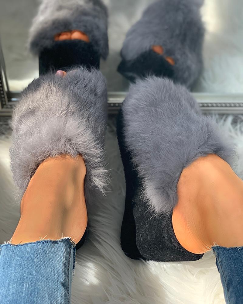 

Fluffy Peep Toe Wedge Platform Shoes, Gray
