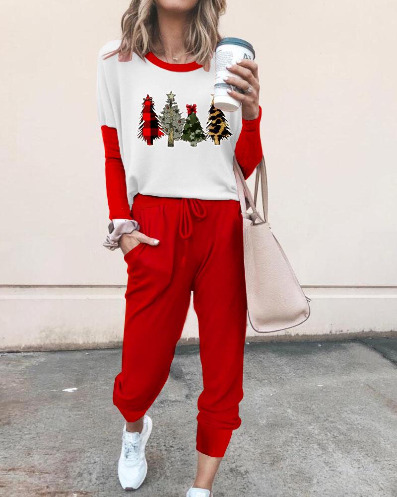 

Christmas Long Sleeve Top & Drawstring Pocket Design Pants Set, Red