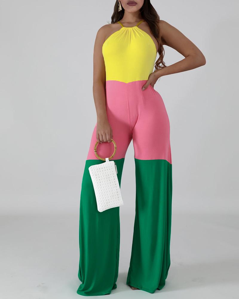 

Halter Contrast Color Sleeveless Jumpsuits, Green