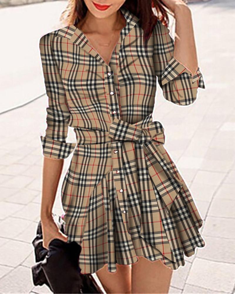 

Plaid Long Sleeve Button Front Shirt Dress, Apricot