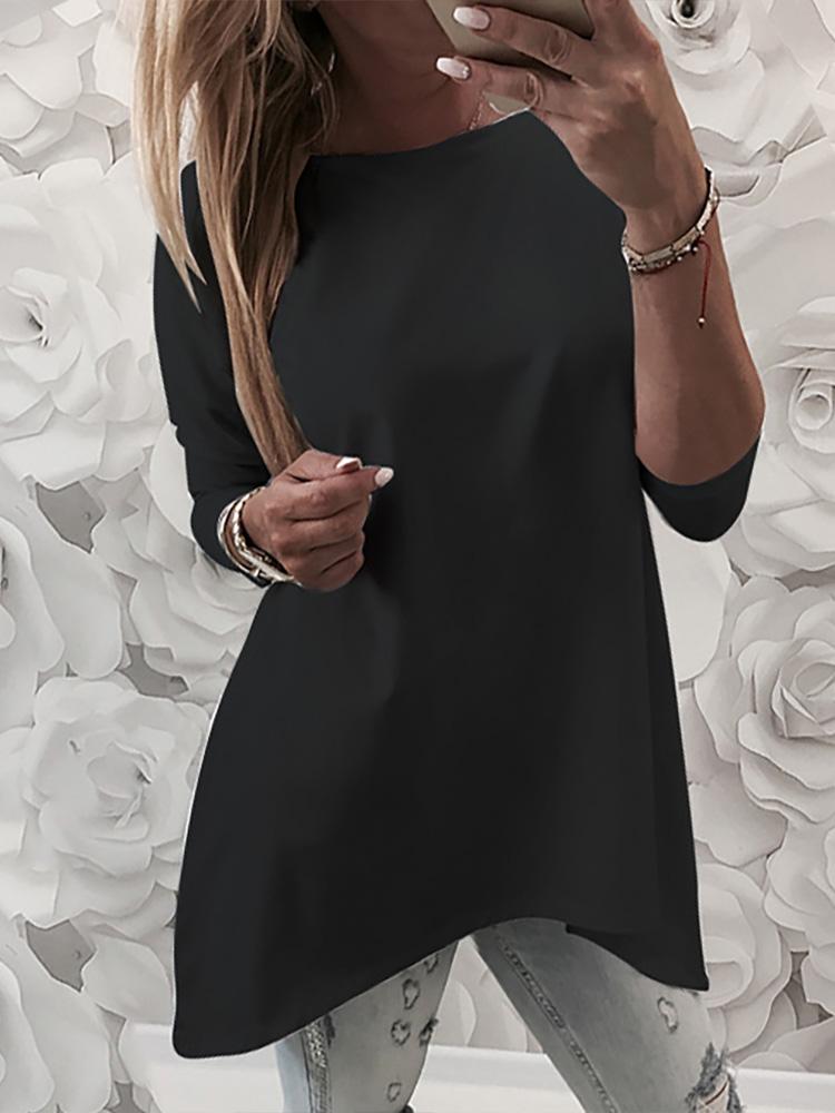 

Long Sleeve Round Neck Irregular Hem T-Shirt, Black