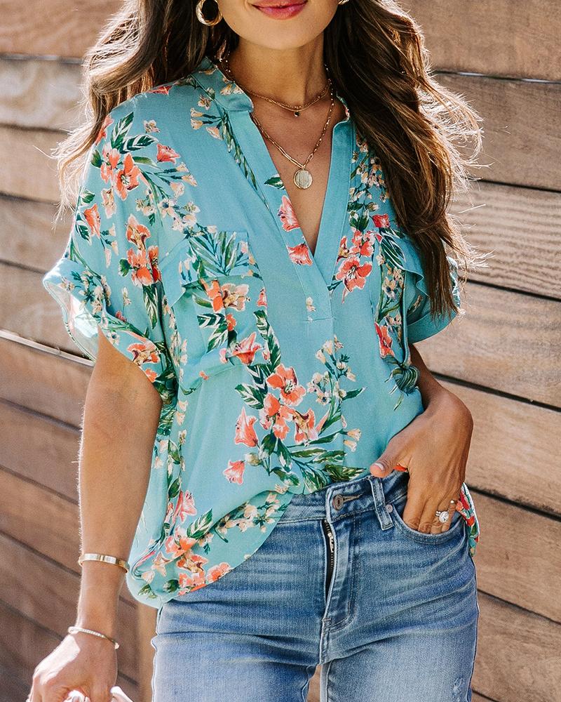 

Floral Print V Neck Top With Pockets, Blue