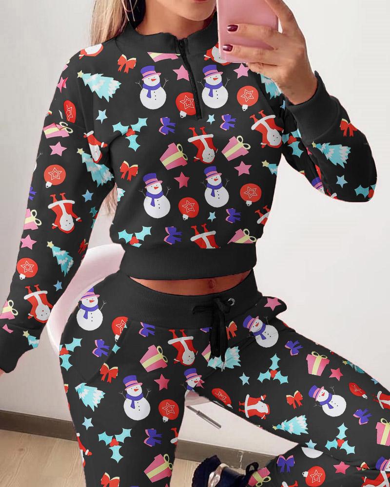 

Christmas Mixed Print Zipper Design Top & Drawstring Pants Set, Multicolor