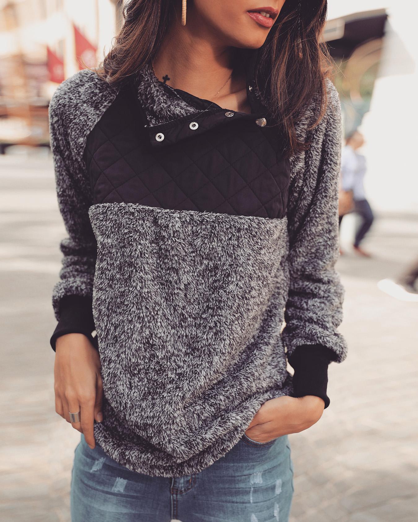 

Contrast Color Fluffy Snap-Button Skew Neck Sweatshirt, Black