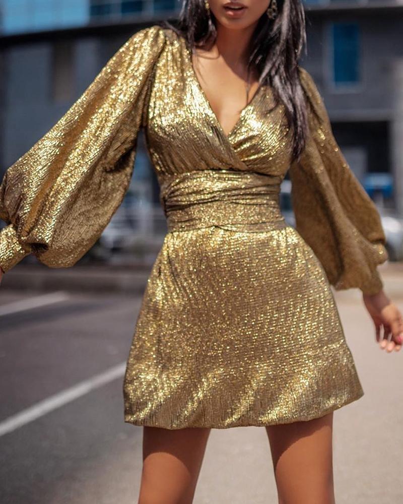 

Glitter V Neck Lantern Sleeve Dress, Gold