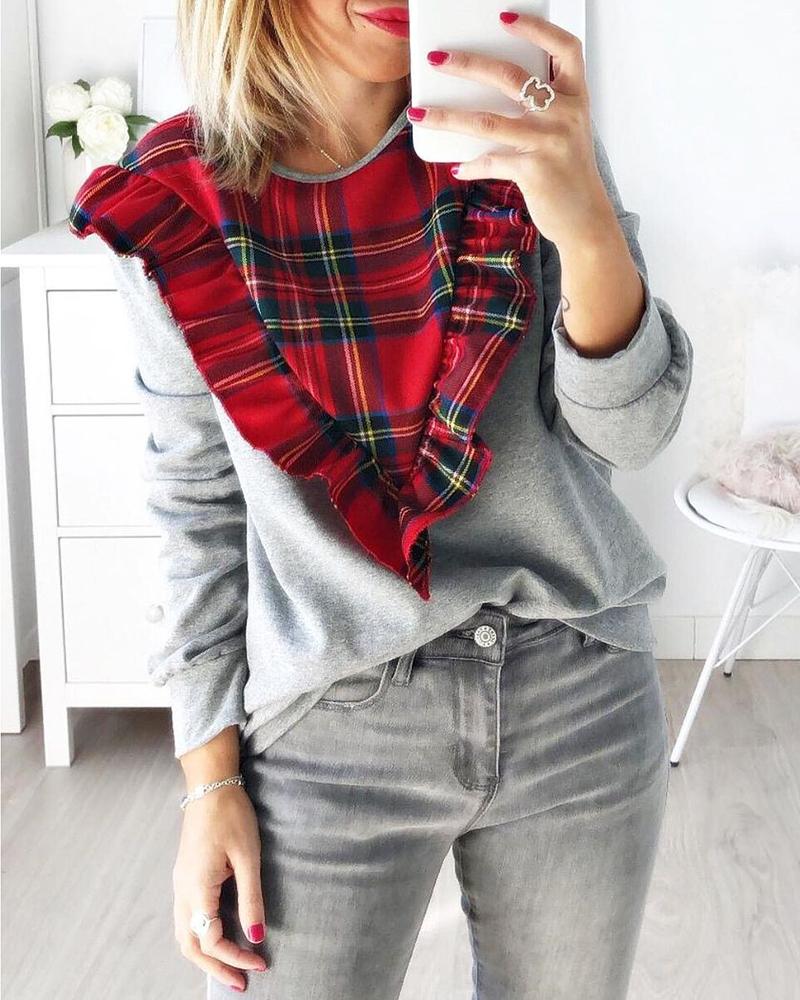 

Plaid Ruffles Hem Long Sleeve Sweatshirt, Gray