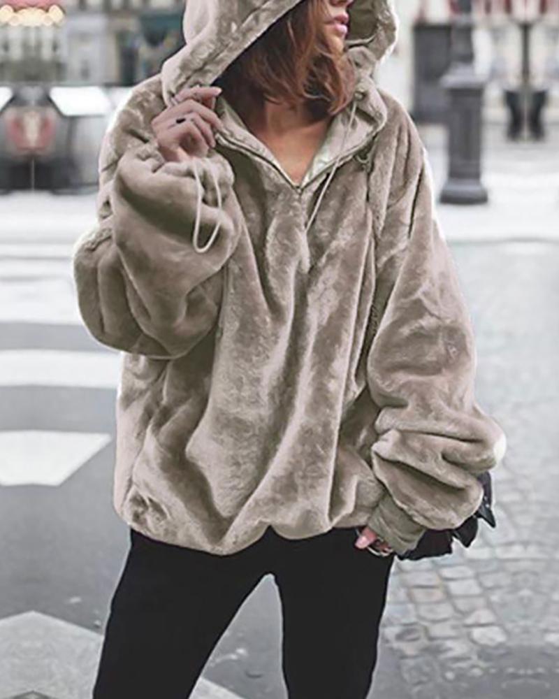 

Solid Hooded Drawstring Fluffy Sweatshirt, Brown