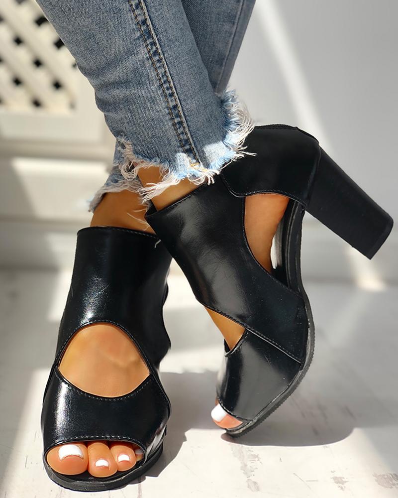 

Peep Toe Cutout Rivet Chunky Heeled Boot, Black