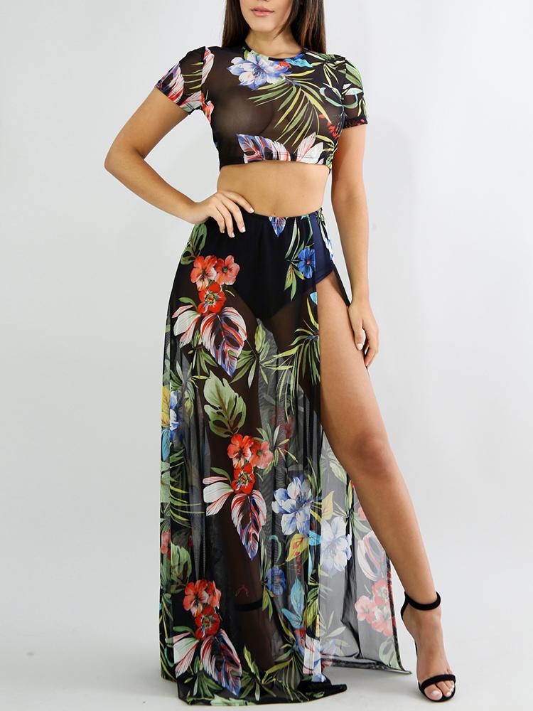 

Sheer Floral Crop Top & Slit Skirt Set, Black