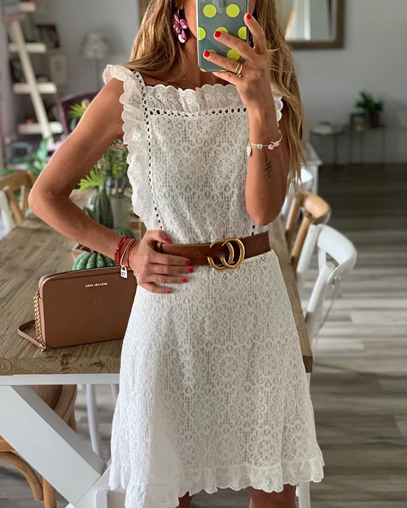 

Hollow Out Frill Hem Casual Dress, White