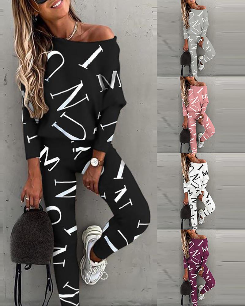 

Letter Print Long Sleeve Top & Pants Set, Black