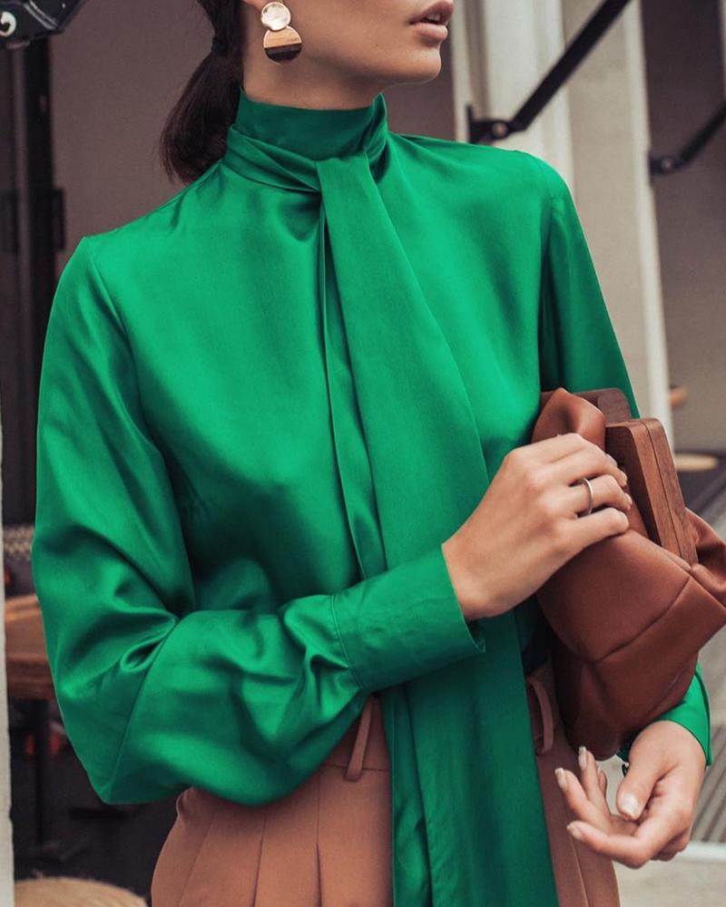 

Solid High Neck Tied Lantern Sleeve Blouse, Green