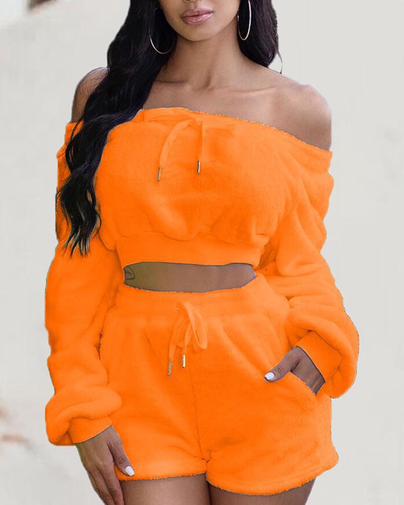 

Off Shoulder Drawstring Fluffy Crop Top & Shorts Sets, Orange