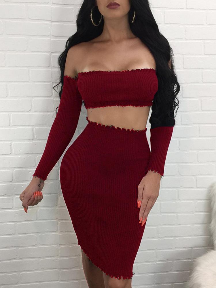 

Frills Off Shoulder Cropped Slinky Skirt Set