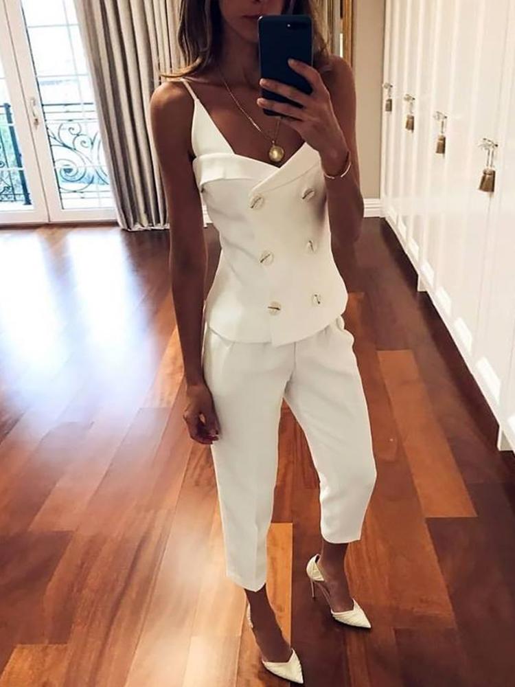 

Solid Double-Breasted Slip Top With Pants, White