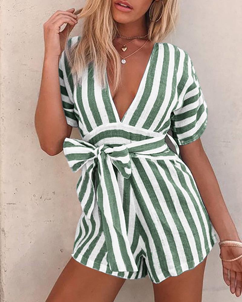 

Striped Colorblock Plunge Casual Romper, Green