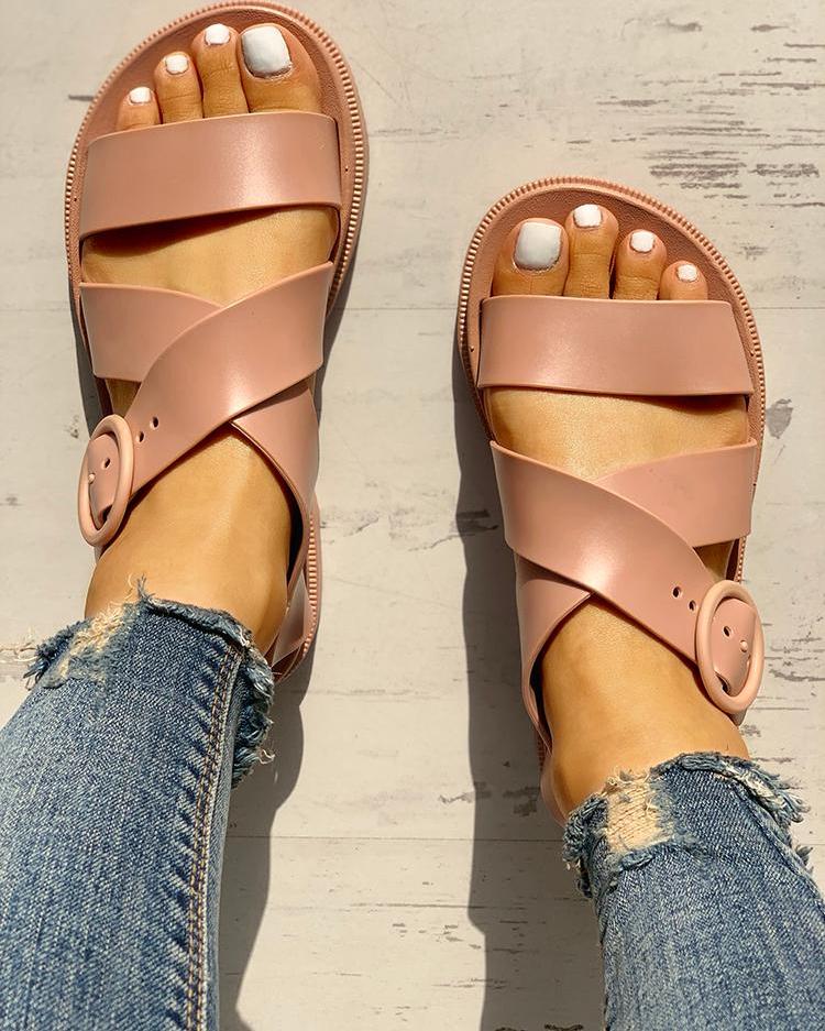 

Open Toe Crisscross Buckled Flat Sandals, Pink