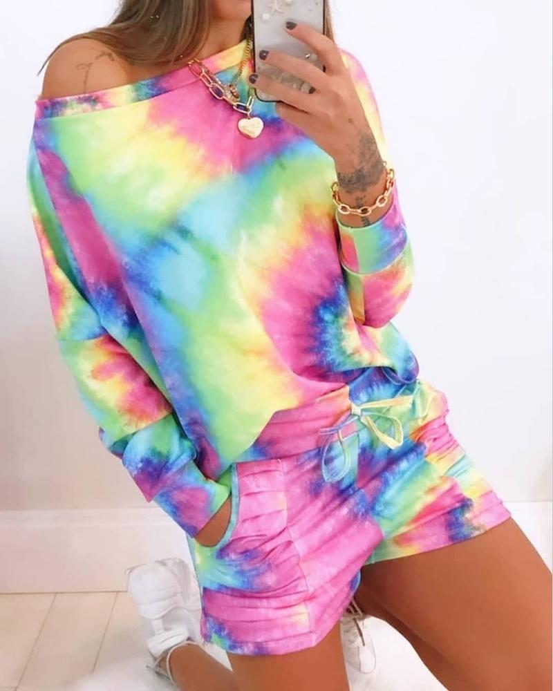 

Tie Dye Print Long Sleeve Top & Drawstring Shorts Set, Multicolor