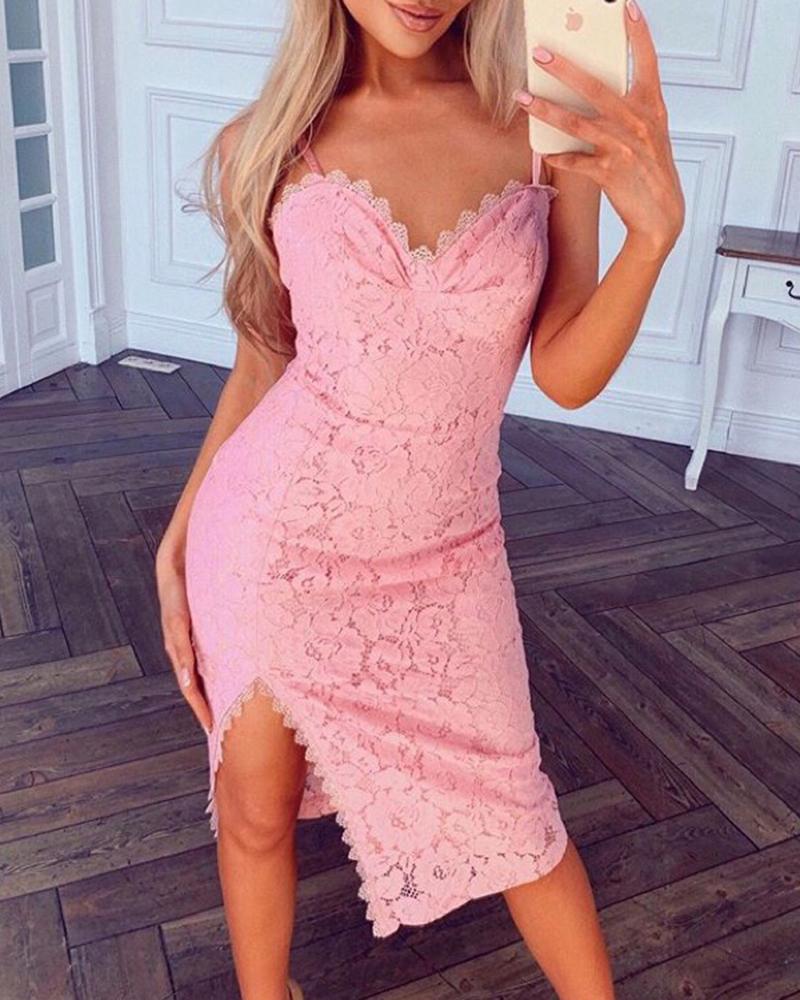 

Spaghetti Strap Slit Lace Dress