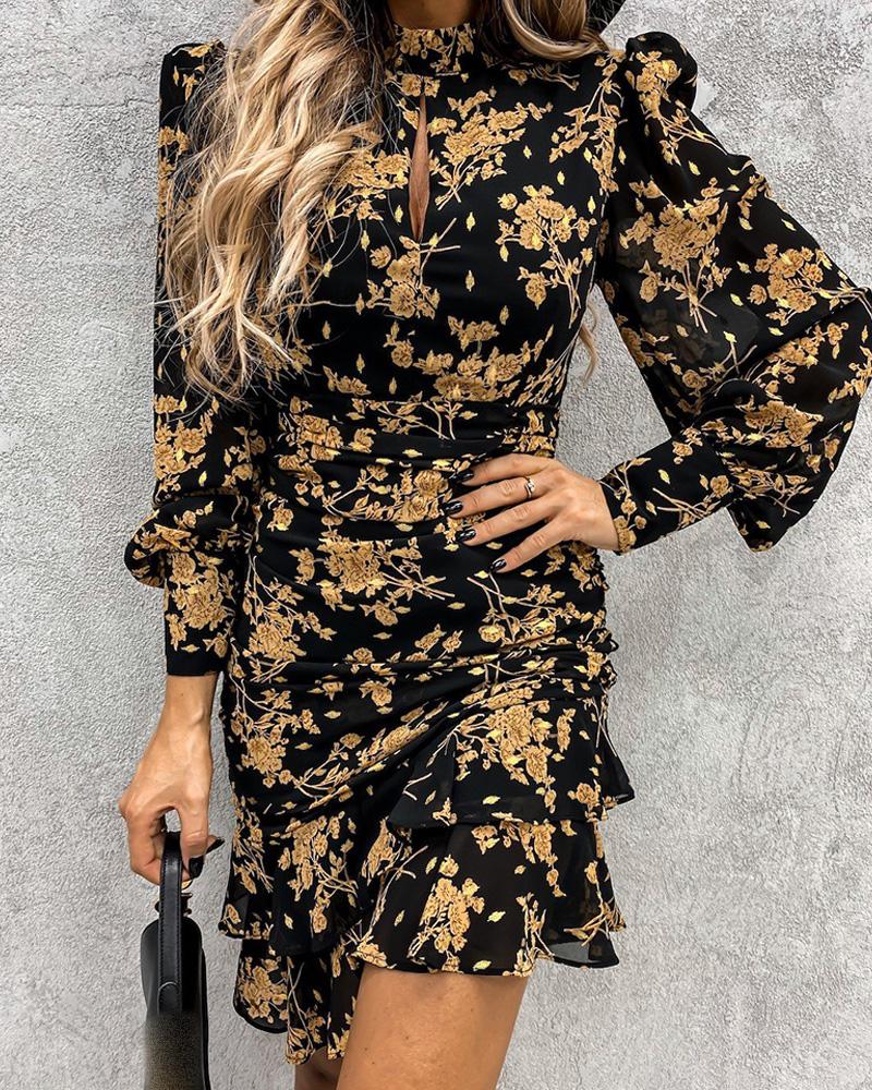 

Floral Print Puff Sleeve Ruffle Hem Ruched Dress, Black