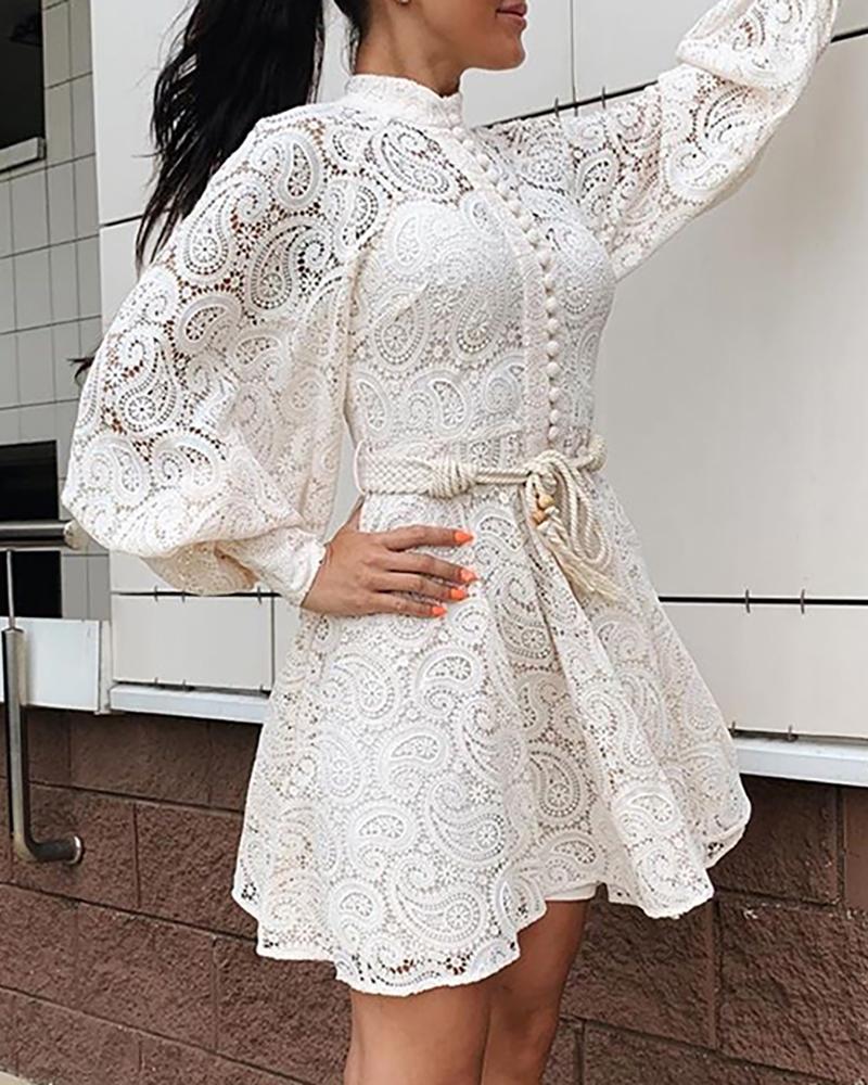 

Paisley Lace Lantern Sleeve Skater Dress