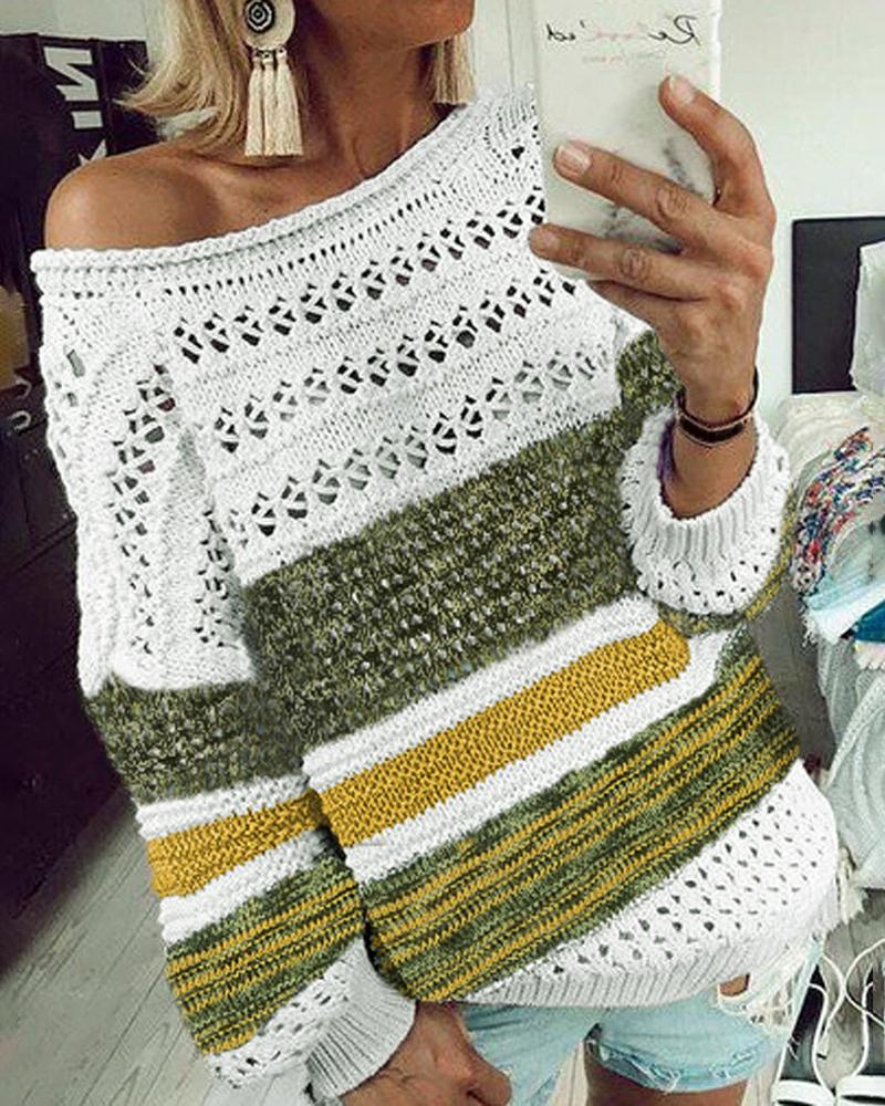 

Striped Colorblock Hollow Out Knit Sweater, Yellow