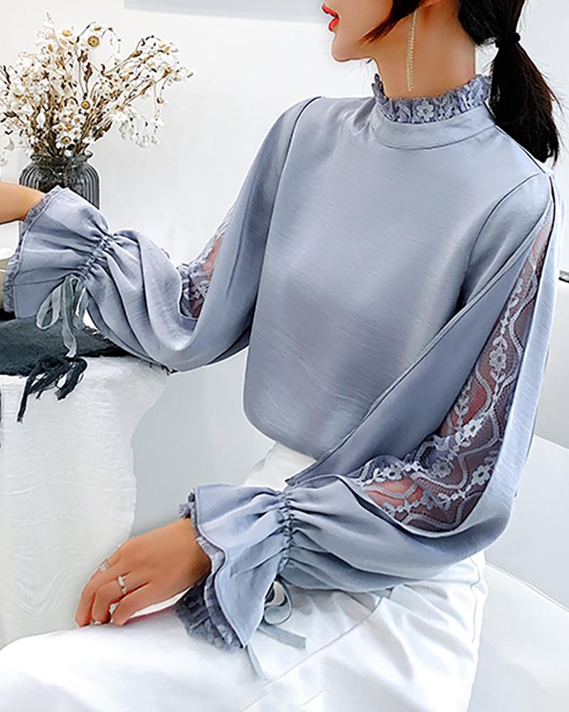 

Mesh Lace Insert Slit Bell Sleeve Blouse, Blue