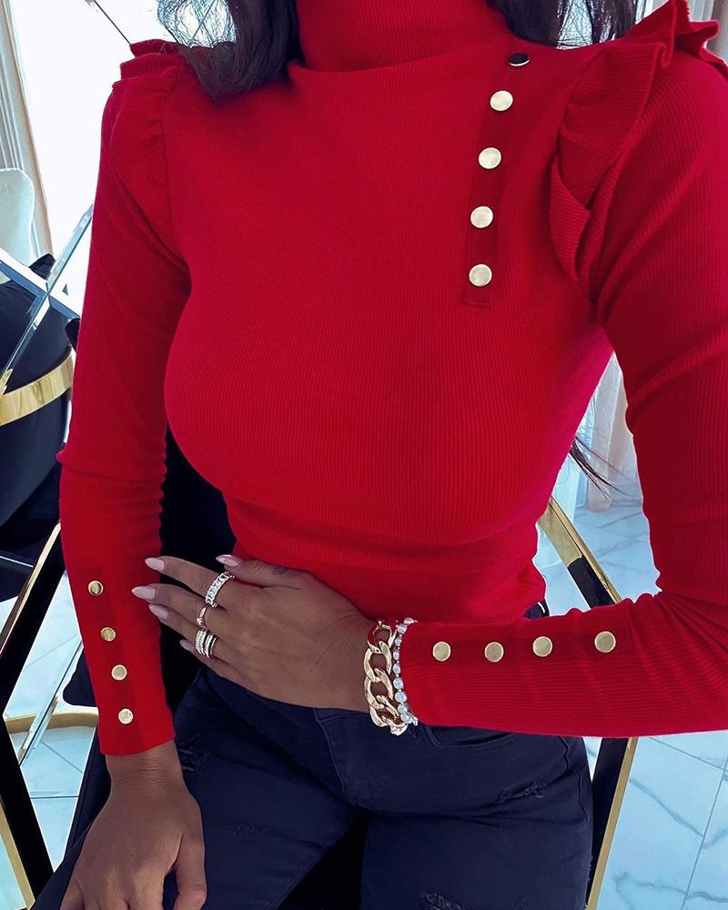 

High Neck Ribbed Buttoned Long Sleeve Casual Top, Red