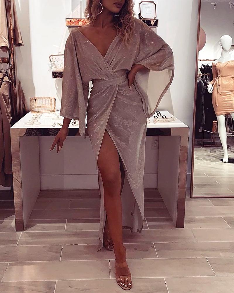 

Glitter Plunge Long Sleeve Slit Dress, Pink