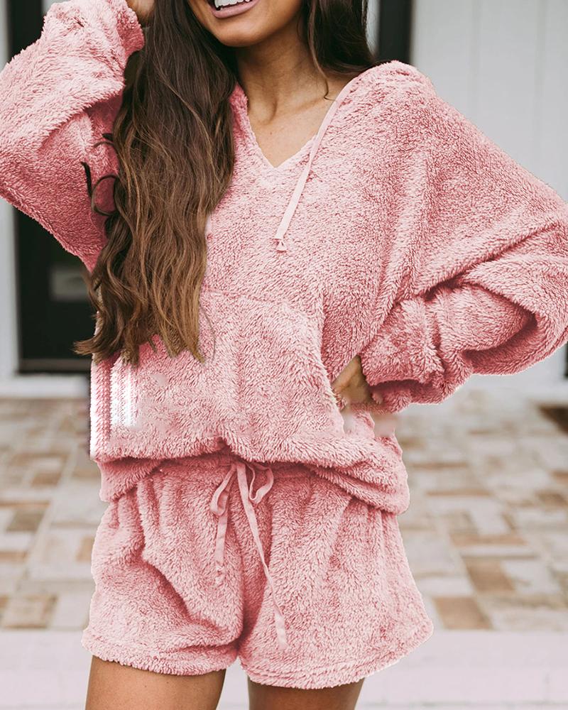 

Plain Long Sleeve Teddy Hooded Top & Drawstring Shorts Set, Pink