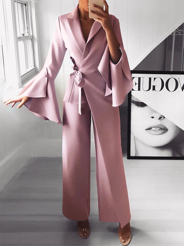 

Irregular Flared Sleeve Knot Side Wide Leg Jumpsuit