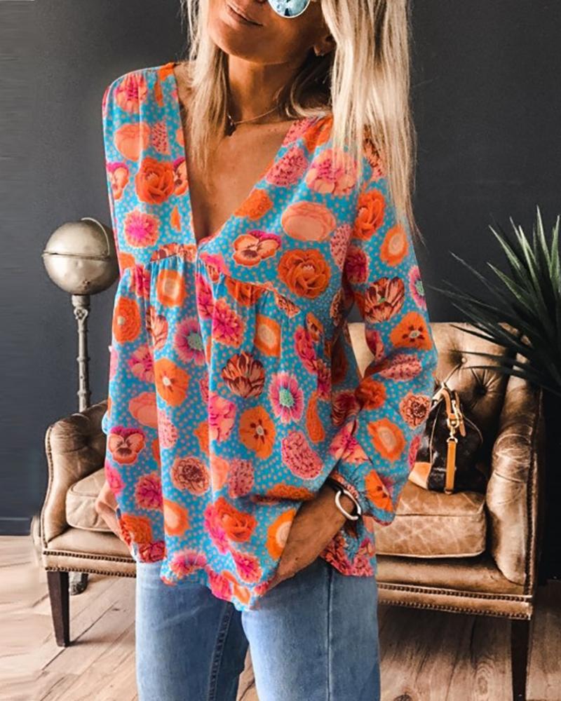 

V Neck Floral Print Blouse, Blue
