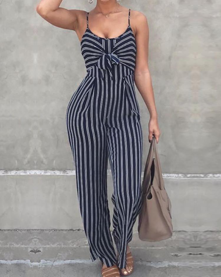 

Striped Knot Front Wide Leg Slip Jumpsuit, Black