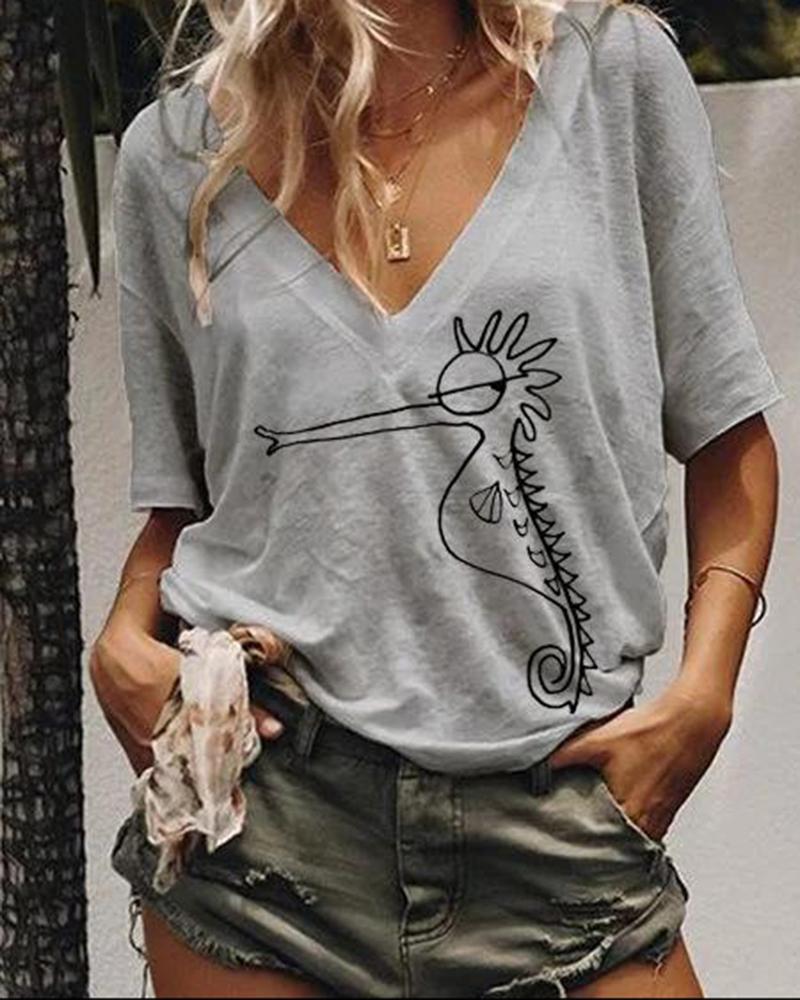 

V-neck printed casual short sleeve women' top, Gray