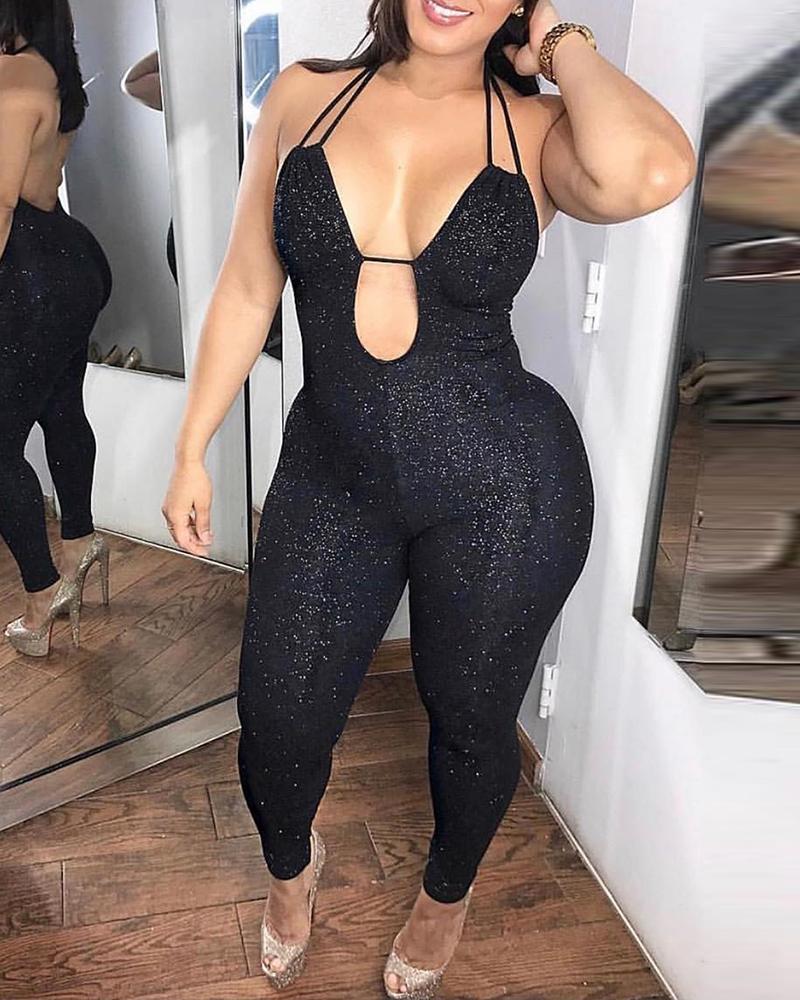 

Glitter Spaghetti Strap Cut Out Design Slinky Jumpsuit