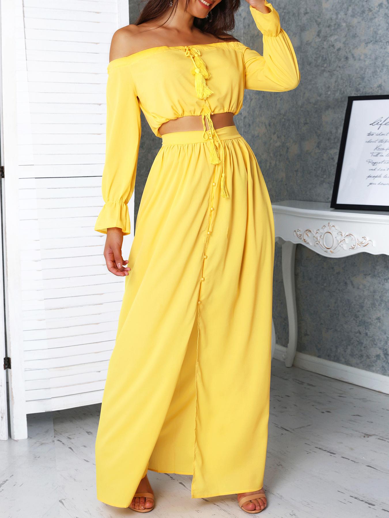 

Solid Off Shoulder Top With Maxi Skirt Sets, Yellow