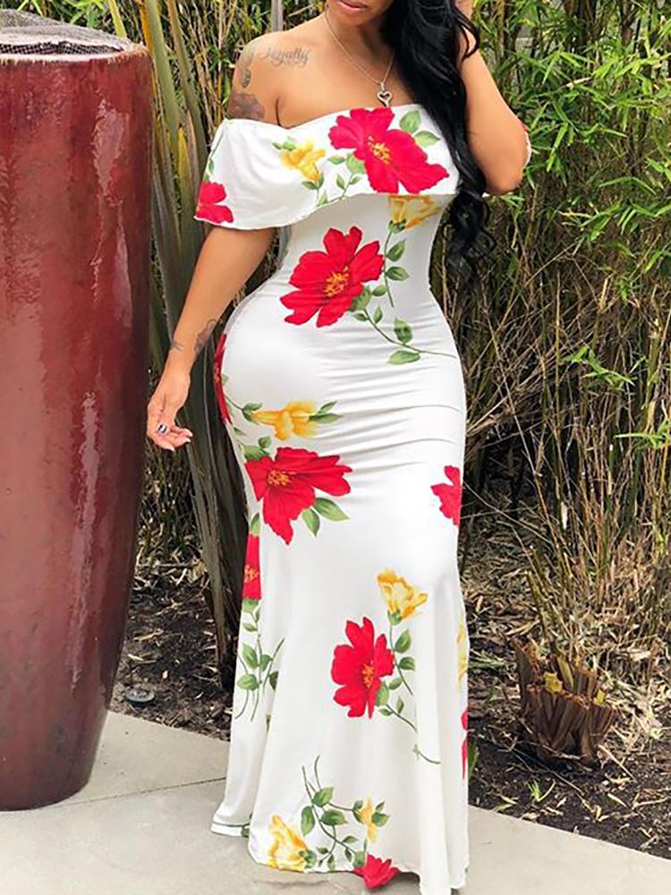 

Floral Print Off Shoulder Flounce Maxi Dress, White