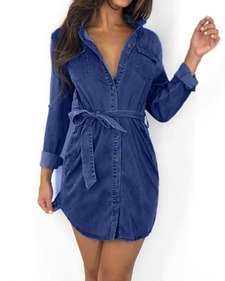 

Long Sleeve Belted Denim Shirt Dress, Dark blue