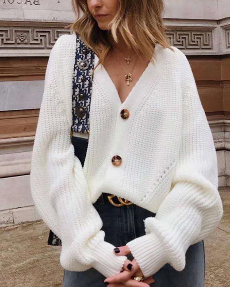 

Plain Lantern Sleeve Button Design Cardigan, White