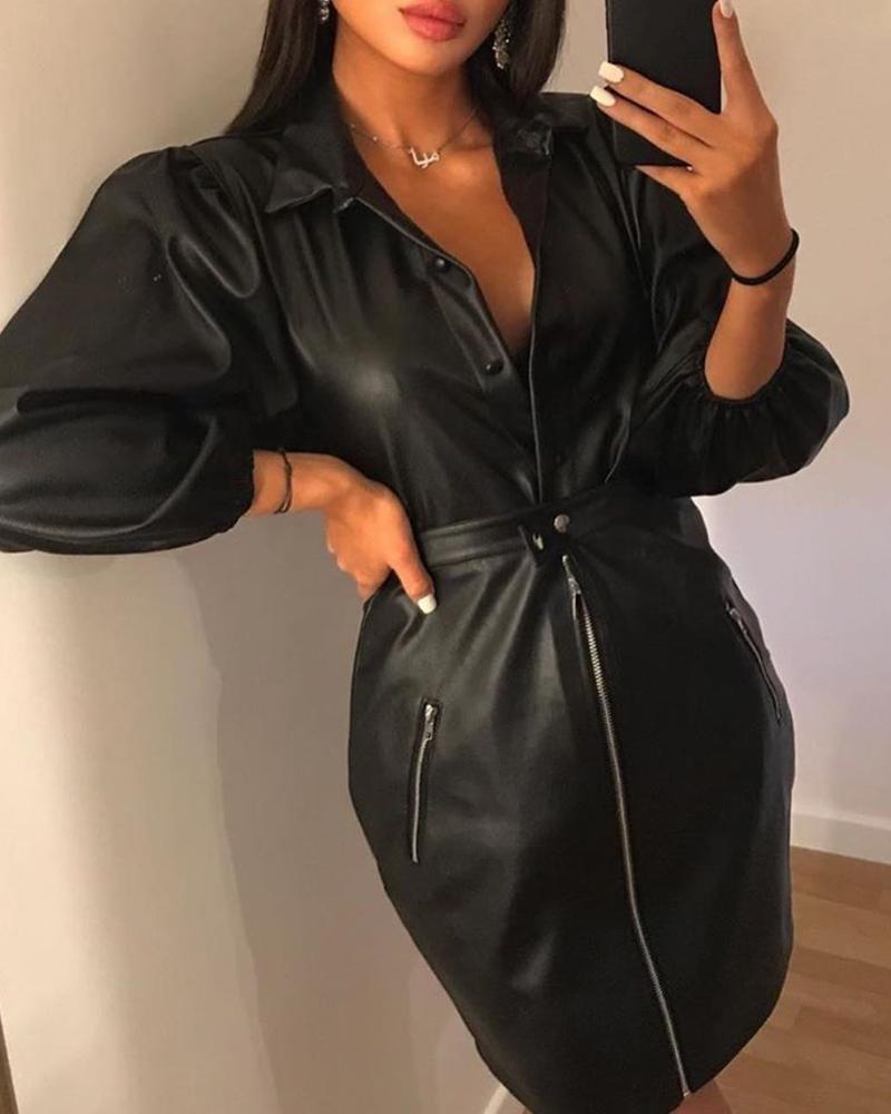 

Turn-down Collar Buttoned PU Shirt & Zipper Design Skirt Sets, Black