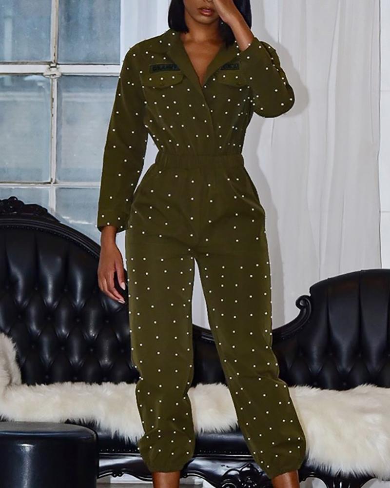 

Beaded Turn-down Collar Pocket Design Cargo Jumpsuit, Army green