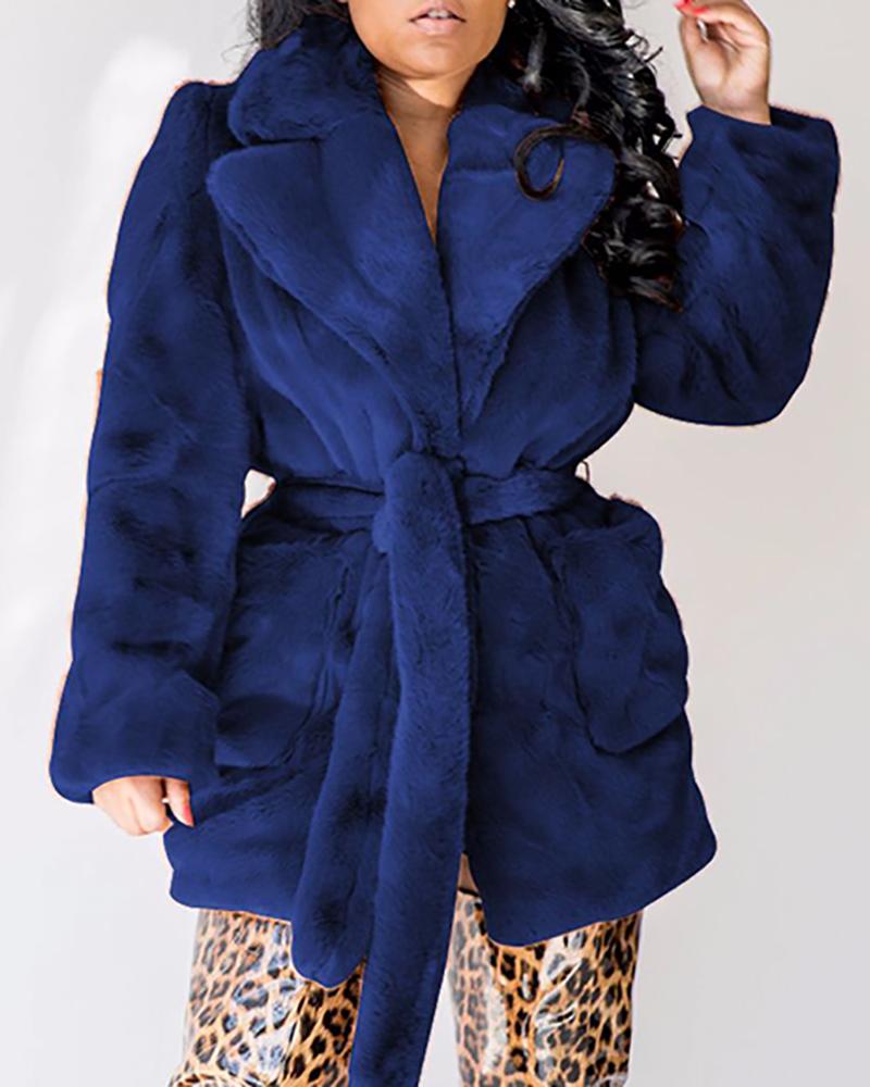 

Solid Notched Collar Pocket Design Long Sleeve Fur Fluffy Coat, Dark blue