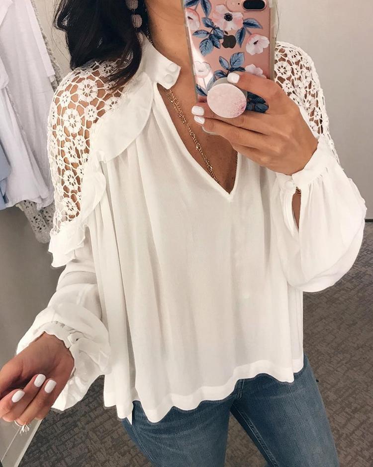 

Deep V Hollow Out Babydoll Blouse, White