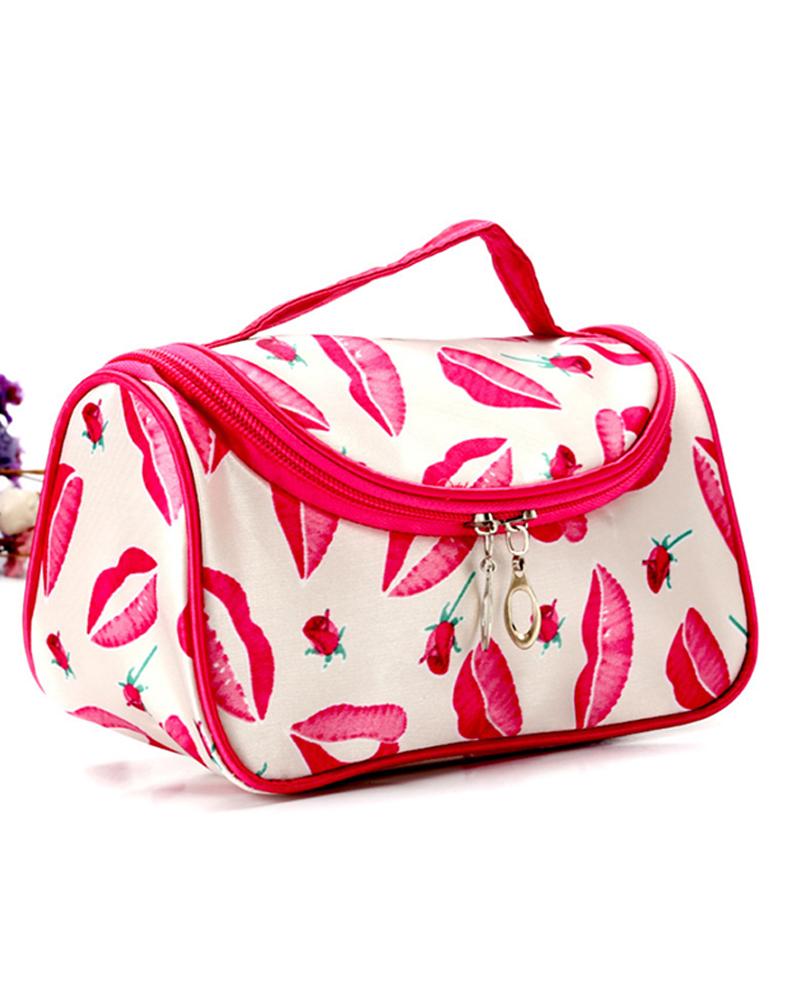 

Lip Floral Print Zipper Design Makeup Bag, Pink
