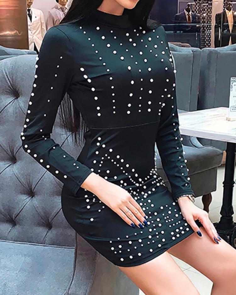 

Long Sleeve Beaded Design Bodycon Dress, Black