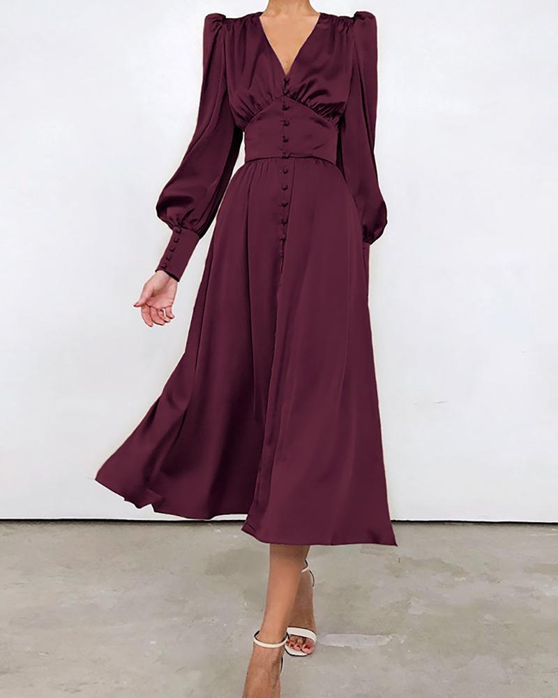 

Lantern Puff Sleeve Button Front Casual Dress, Purple